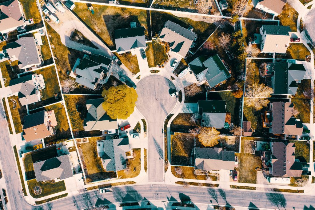 Aerial view capturing the layout of a suburban neighborhood in Herriman, Utah.